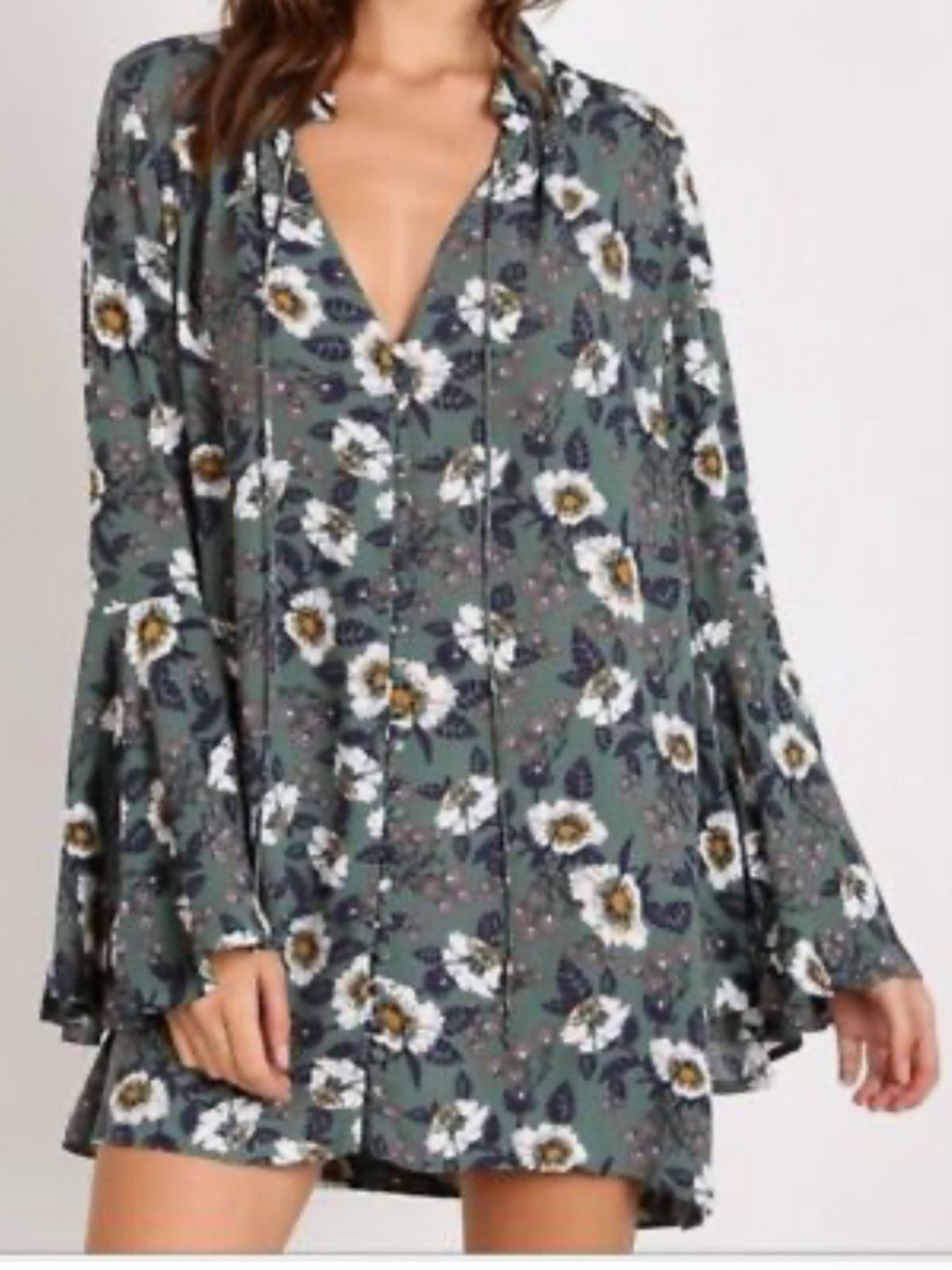 Free People Green Floral Long Sleeve Dress